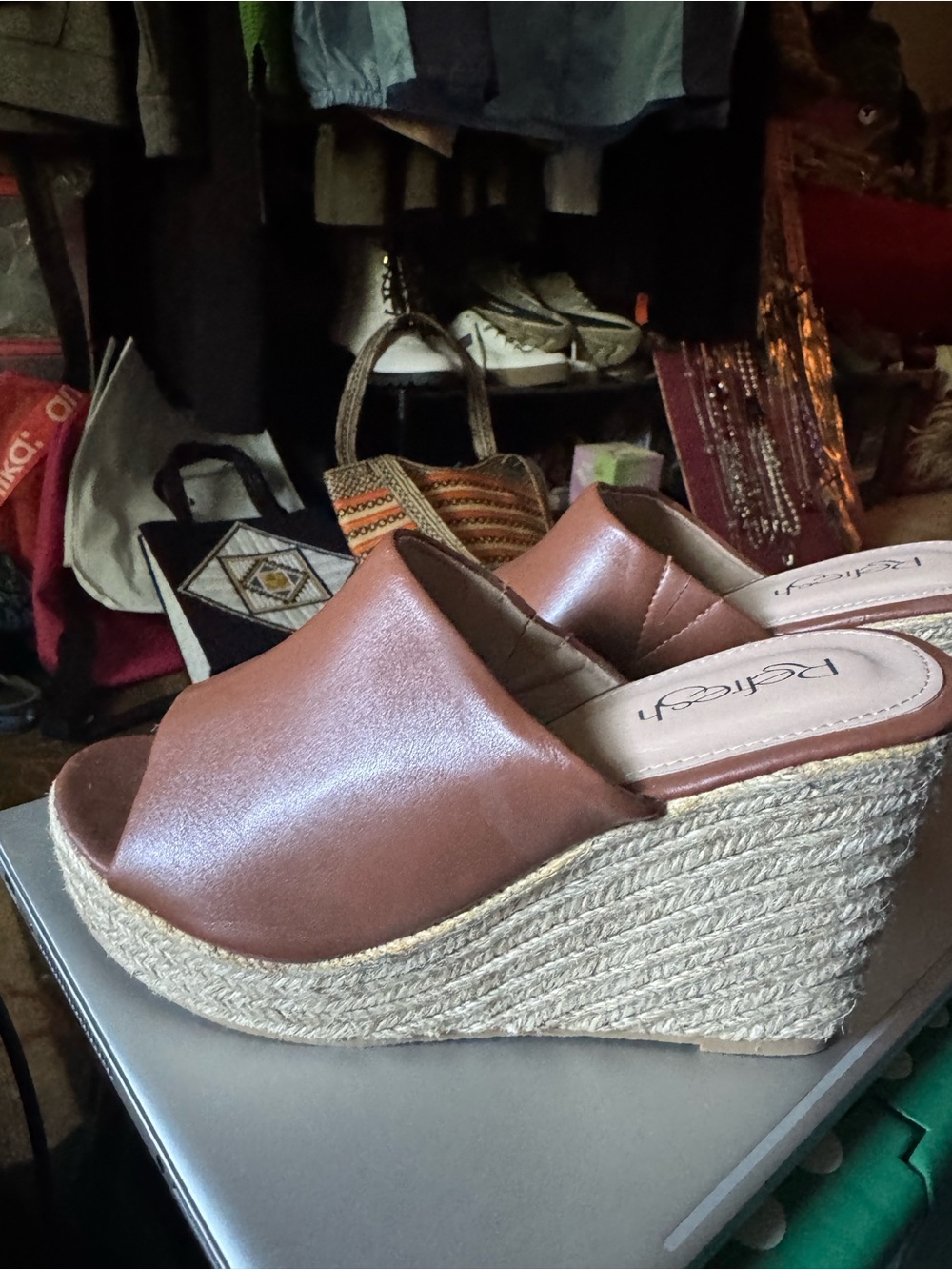 Refresh Brown Leather-Look Espadrille Wedge Sandals